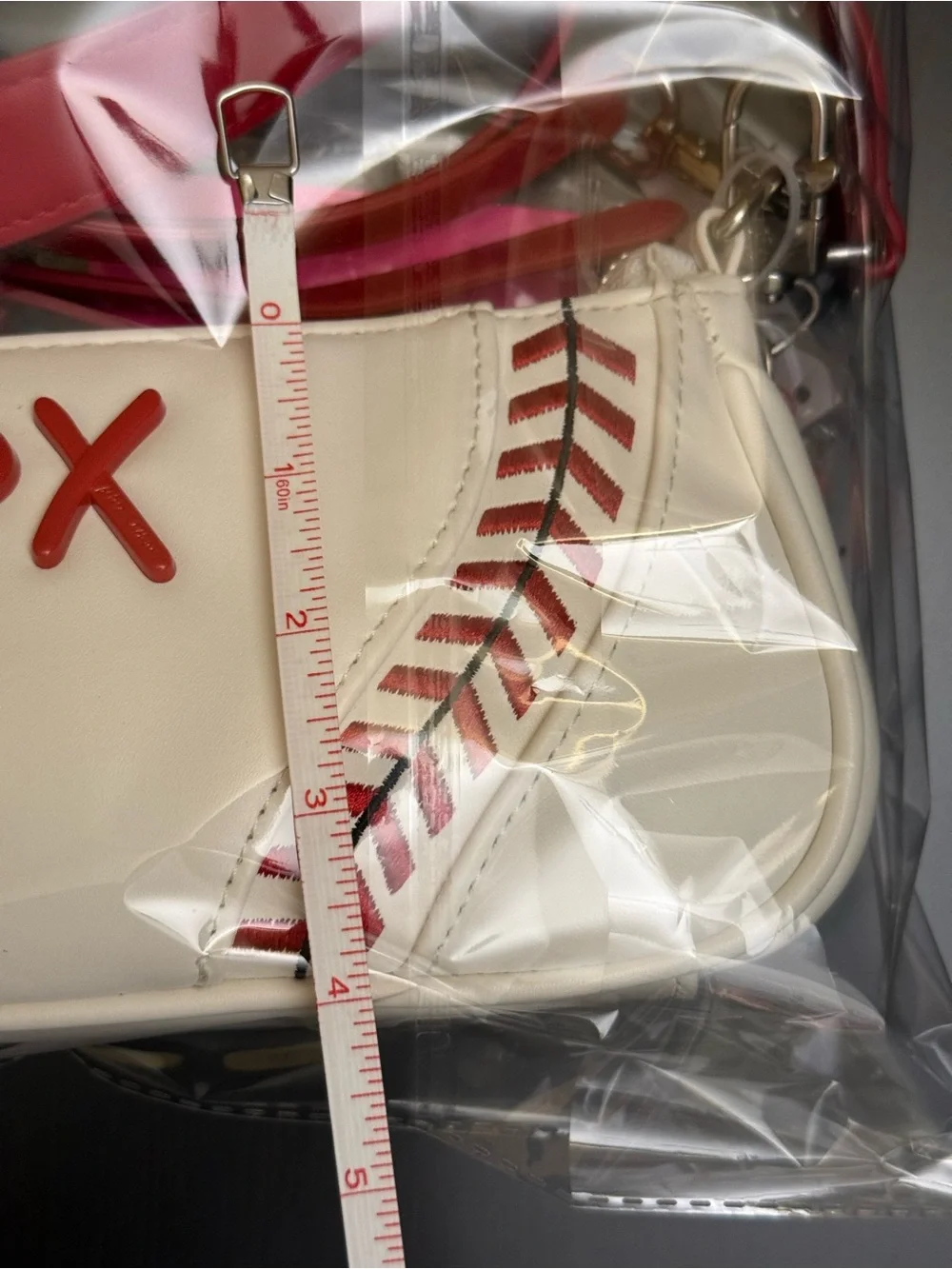 Betsey Johnson White/Red baseball/softball shoulder/crossbody. hotdog charm NWT